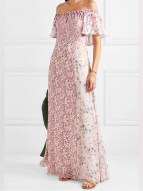 LoveShackFancy Evelyn Pink Floral Off-Shoulder Maxi Dress